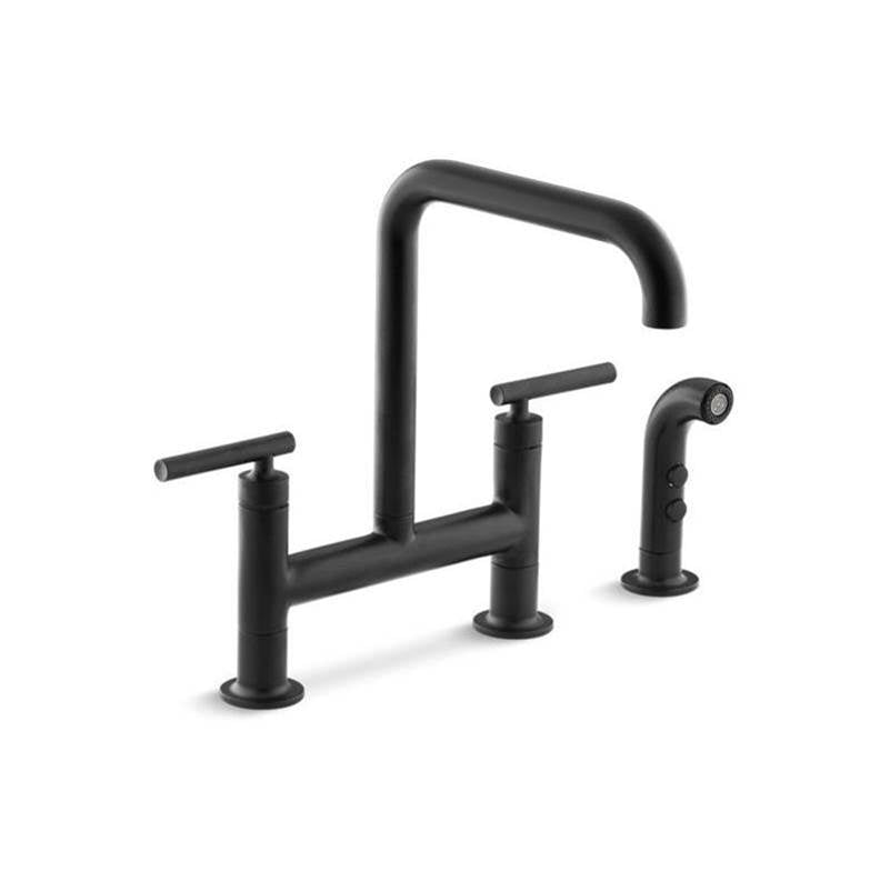 Kohler - Purist Two-hole bridge kitchen sink faucet with side sprayer - Matte Black