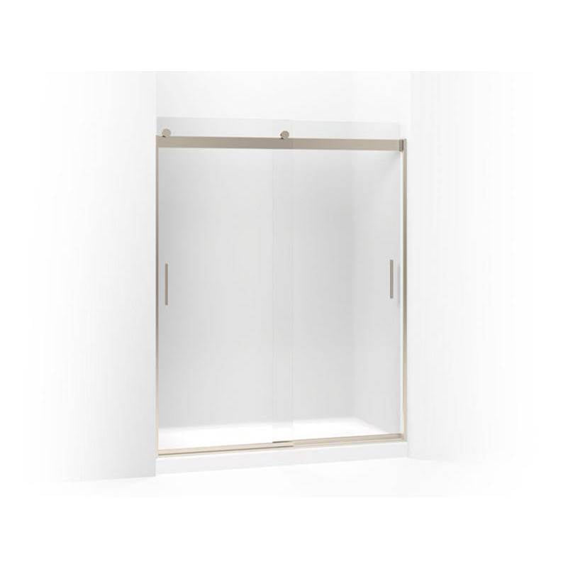 Kohler - Levity Sliding shower door, 74'' H x 56-5/8 - 59-5/8'' W, with 1/4'' thick Frosted glass and blade handles - Anodized Brushed Bronze