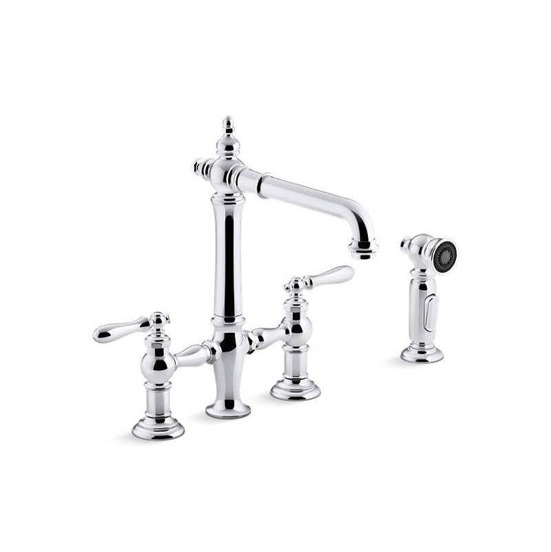 Kohler - Artifacts Two-hole bridge kitchen sink faucet with side sprayer - Polished Chrome