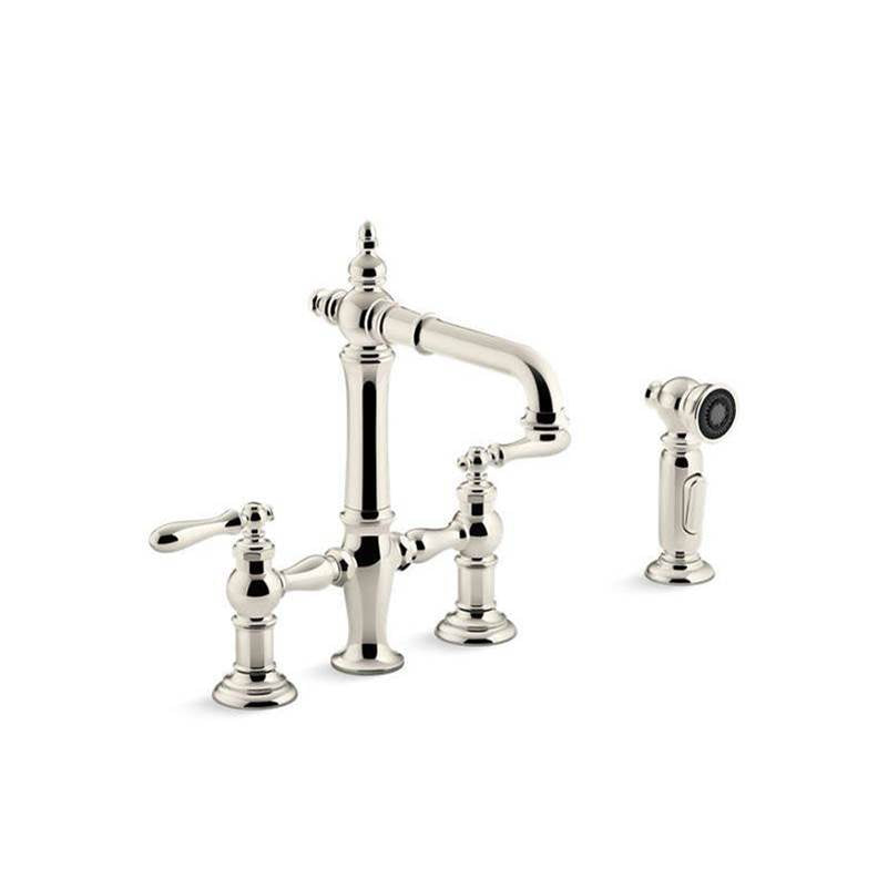 Kohler - Artifacts Two-hole bridge bar sink faucet with side sprayer - Vibrant Polished Nickel