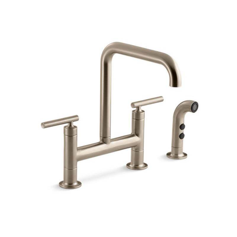 Kohler - Purist Two-hole bridge kitchen sink faucet with side sprayer - Vibrant Brushed Bronze