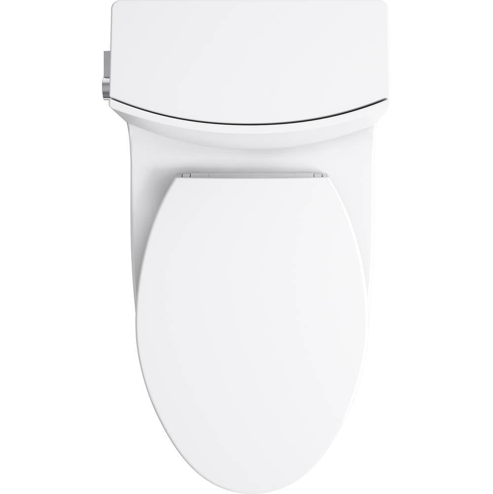 Veil One-piece elongated toilet with skirted trapway, dual-flush
