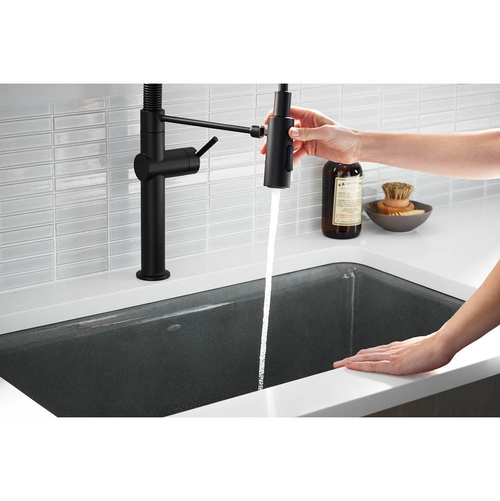 Crue Pull-down kitchen sink faucet with three-function sprayhead