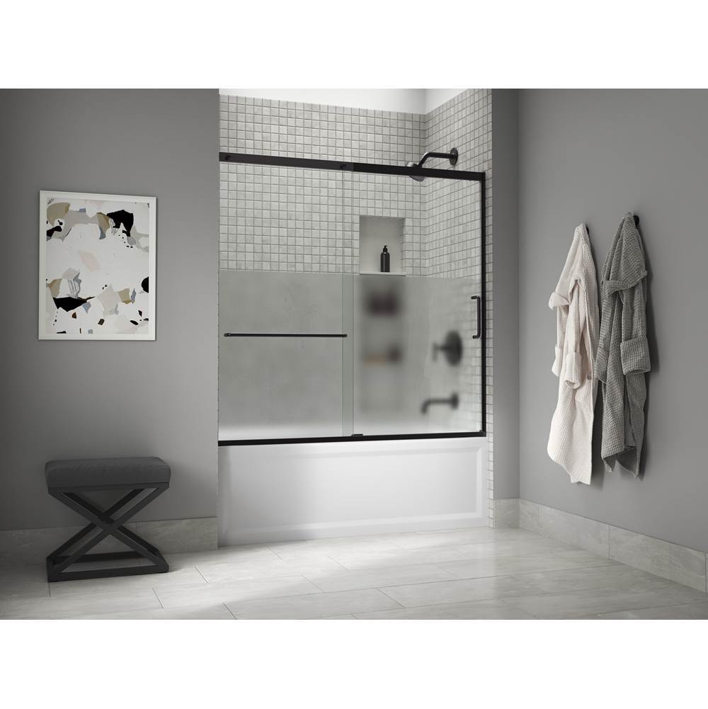 Elate Sliding bath door, 56-3/4'' H x 56-1/4 - 59-5/8'' W with heavy 5/16'' thick Crystal Clear glass with privacy band