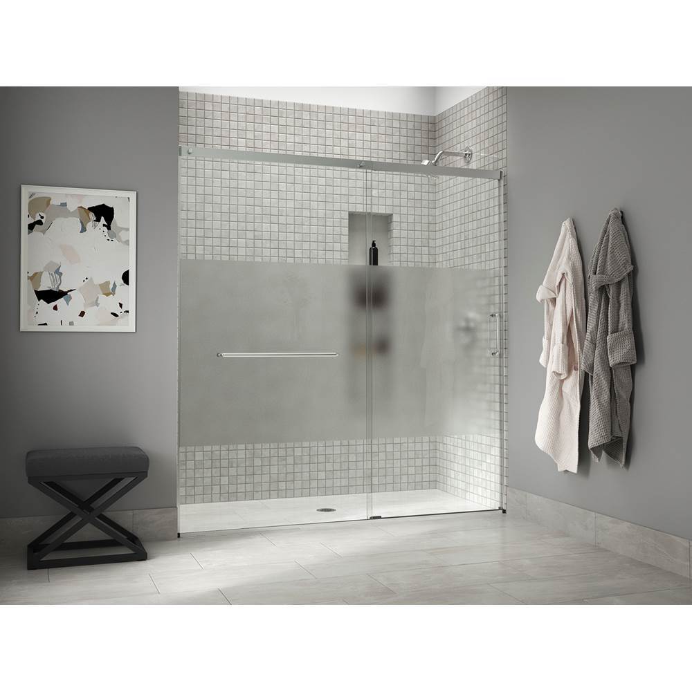 Kohler - Elate Sliding shower door, 75-1/2'' H x 68-1/4 - 71-5/8'' W, with heavy 5/16'' thick Crystal Clear glass with privacy band - Bright Silver