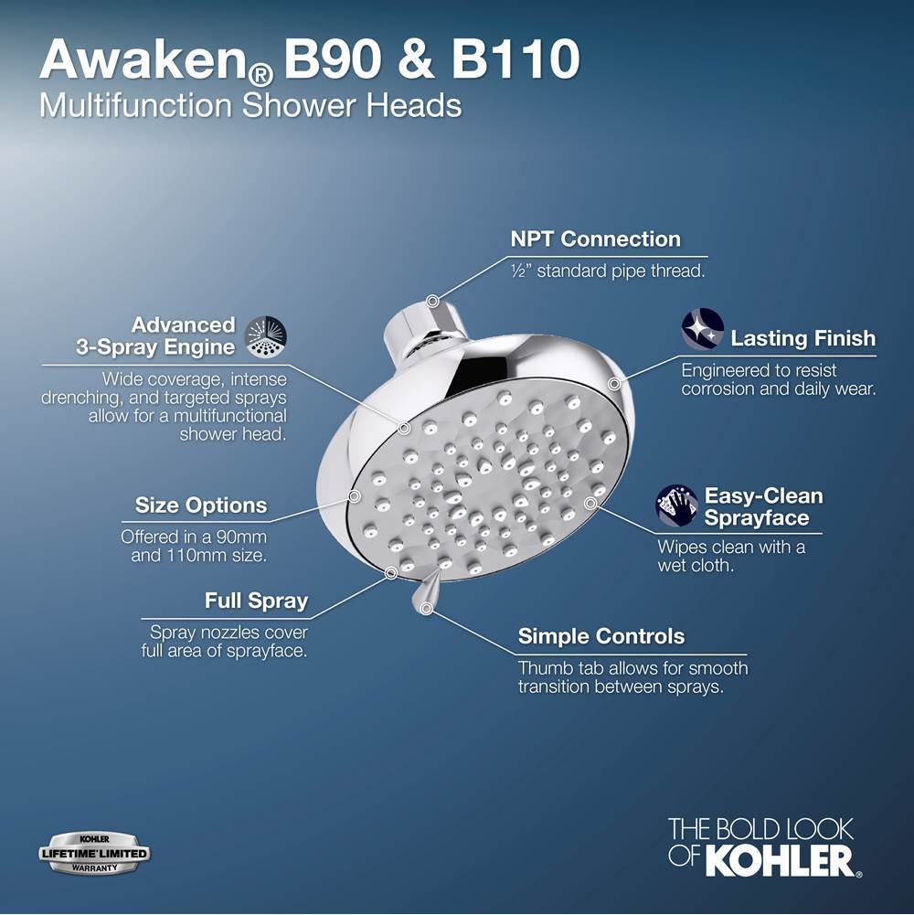 Awaken B90 Three-function showerhead, 2.5 gpm