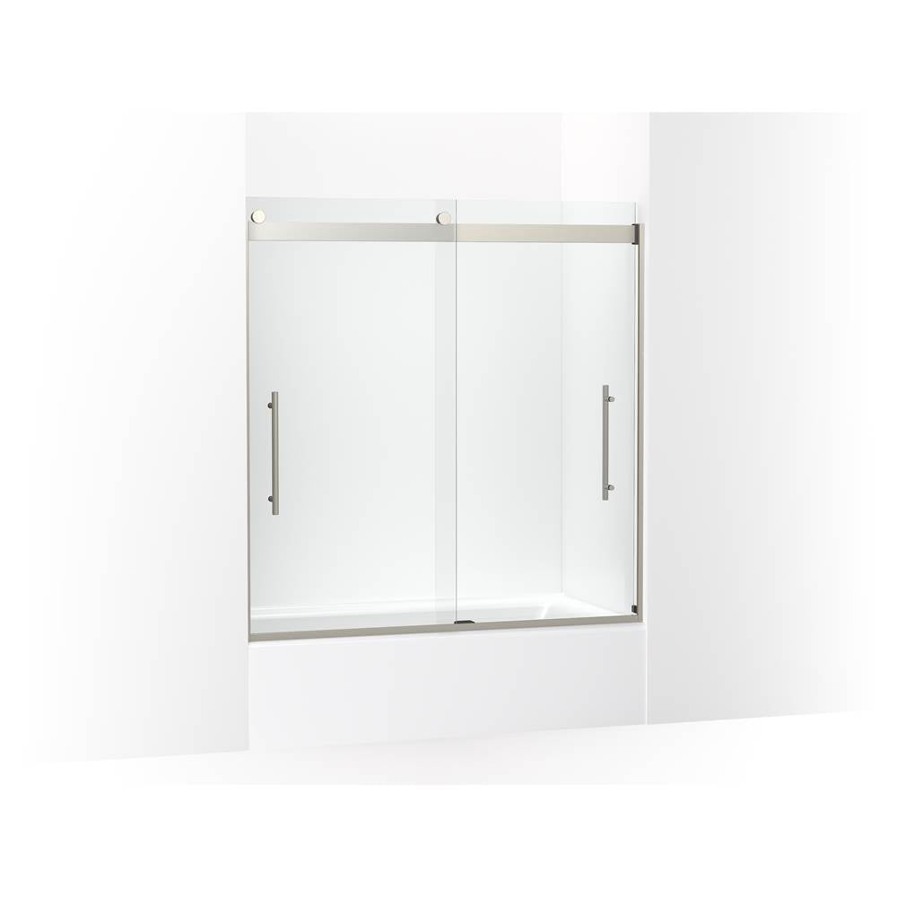 Kohler - Levity Plus Frameless sliding bath door, 61-9/16'' H x 56-5/8 - 59-5/8'' W, with 5/16''-thick Crystal Clear glass - Anodized Brushed Nickel