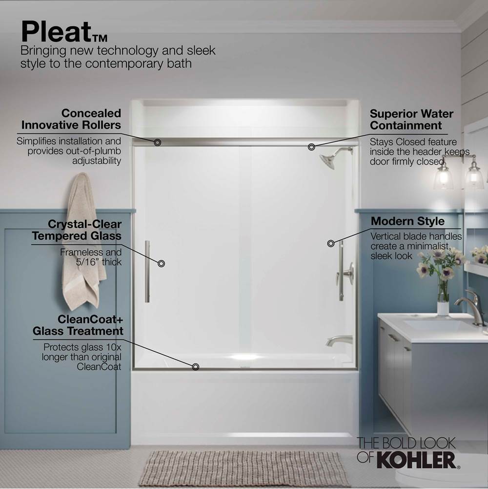 Pleat 63-9/16'' H sliding bath door with 5/16''-thick glass