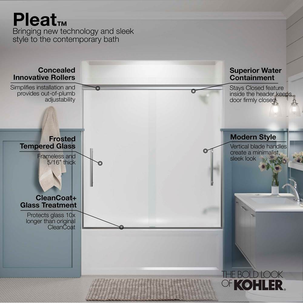 Pleat Frameless sliding bath door, 63-9/16'' H x 54-5/8 - 59-5/8'' W, with 5/16'' thick Frosted glass