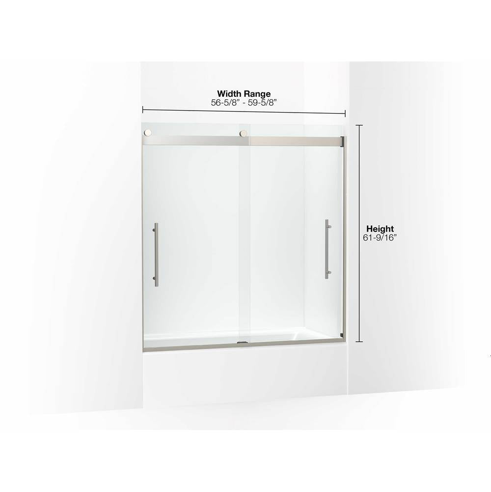 Levity Plus Frameless sliding bath door, 61-9/16'' H x 56-5/8 - 59-5/8'' W, with 5/16''-thick Crystal Clear glass