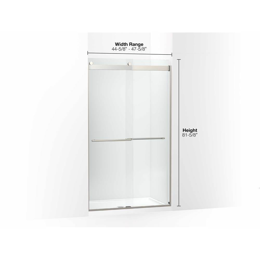 Levity Plus Frameless sliding shower door, 81-5/8'' H x 44-5/8 - 47-5/8'' W, with 3/8''-thick Crystal Clear glass
