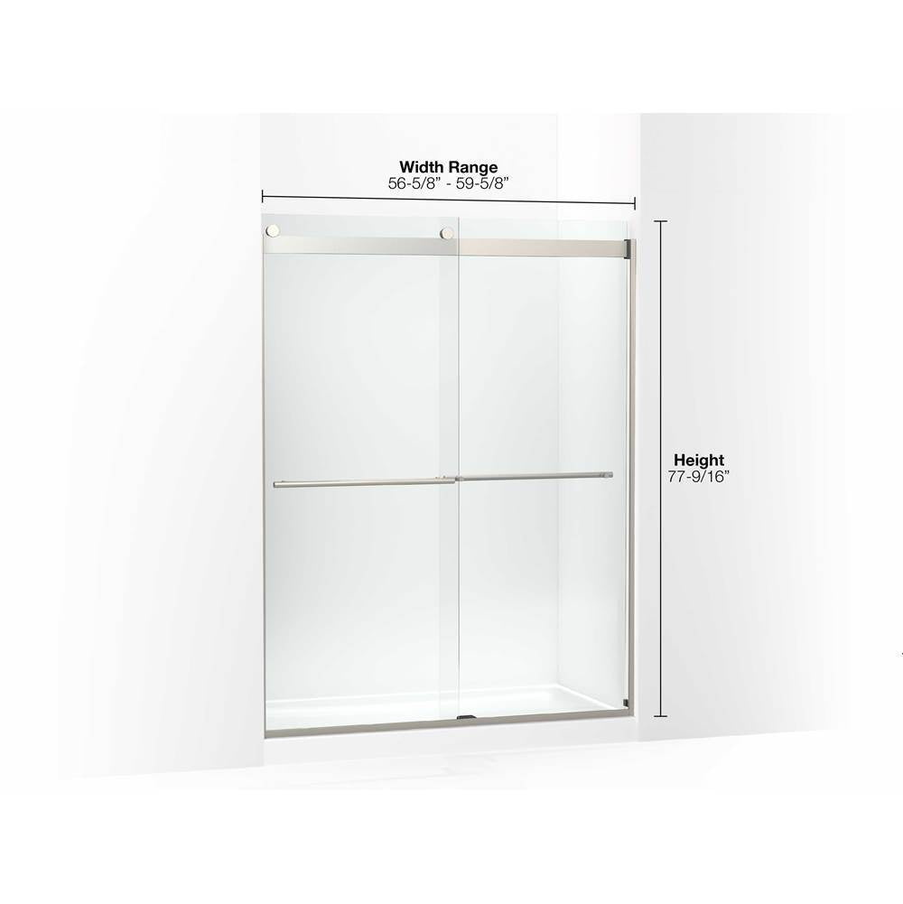 Levity Plus Frameless sliding shower door, 77-9/16'' H x 56-5/8 - 59-5/8'' W, with 5/16''-thick Crystal Clear glass