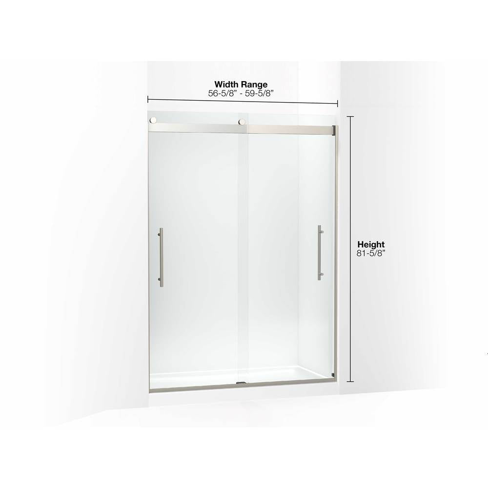 Levity Plus Frameless sliding shower door, 81-5/8'' H x 56-5/8 - 59-5/8'' W, with 3/8''-thick Crystal Clear glass
