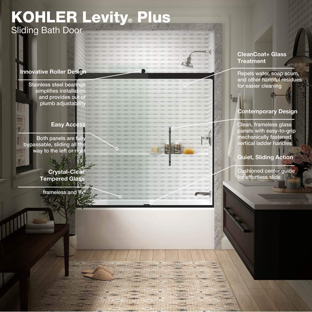 Levity Plus Frameless sliding bath door, 61-9/16'' H x 56-5/8 - 59-5/8'' W, with 5/16''-thick Crystal Clear glass