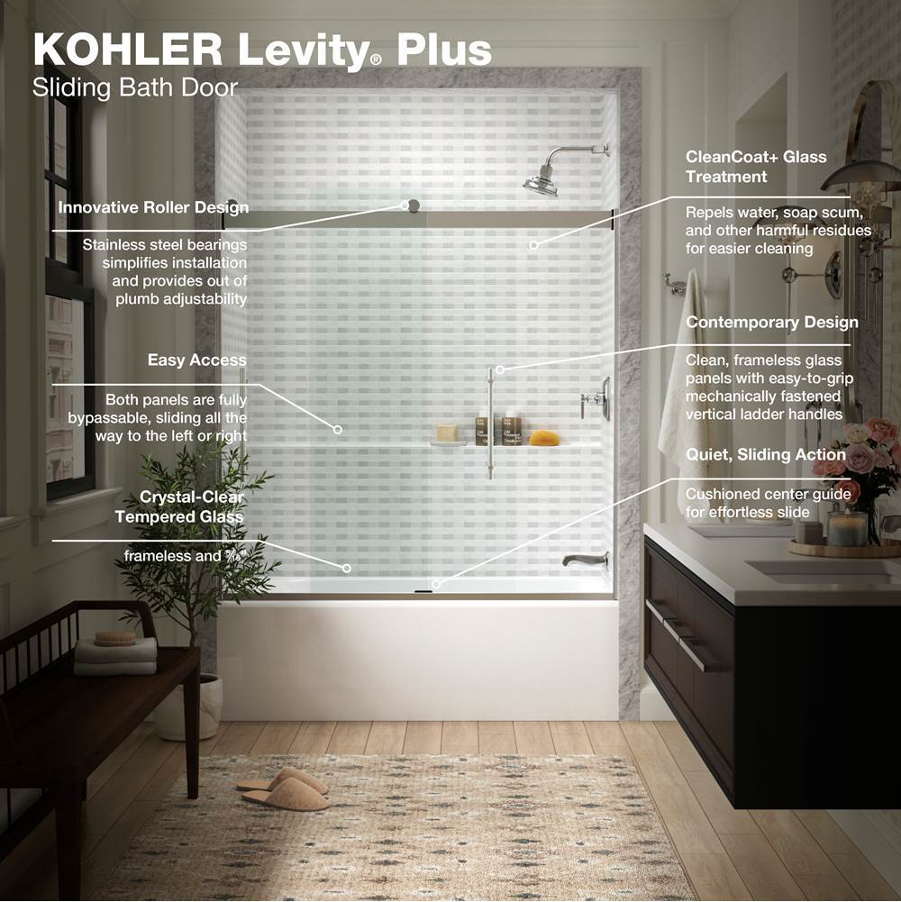Levity Plus Frameless sliding bath door, 61-9/16'' H x 56-5/8 - 59-5/8'' W, with 5/16''-thick Crystal Clear glass