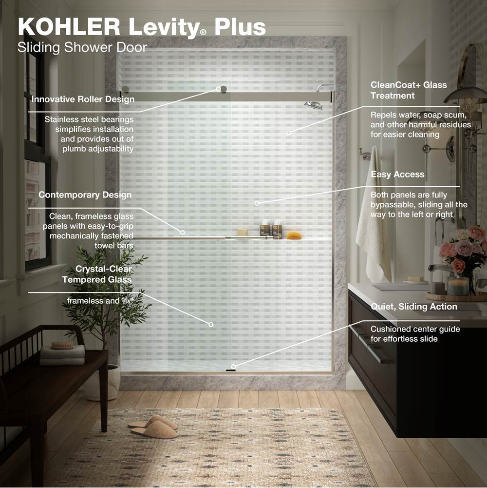 Levity Plus Frameless sliding shower door, 77-9/16'' H x 56-5/8 - 59-5/8'' W, with 5/16''-thick Crystal Clear glass