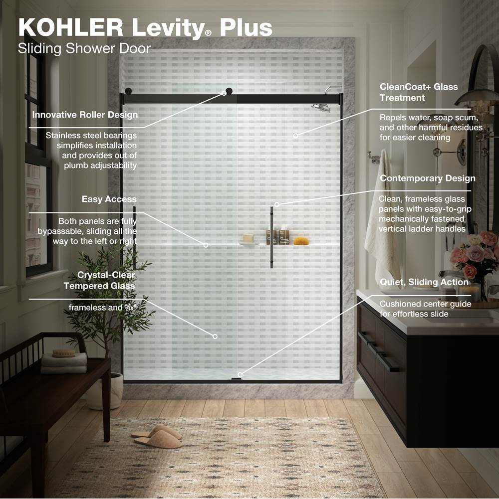 Levity Plus Frameless sliding shower door, 77-9/16'' H x 56-5/8 - 59-5/8'' W, with 5/16''-thick Crystal Clear glass