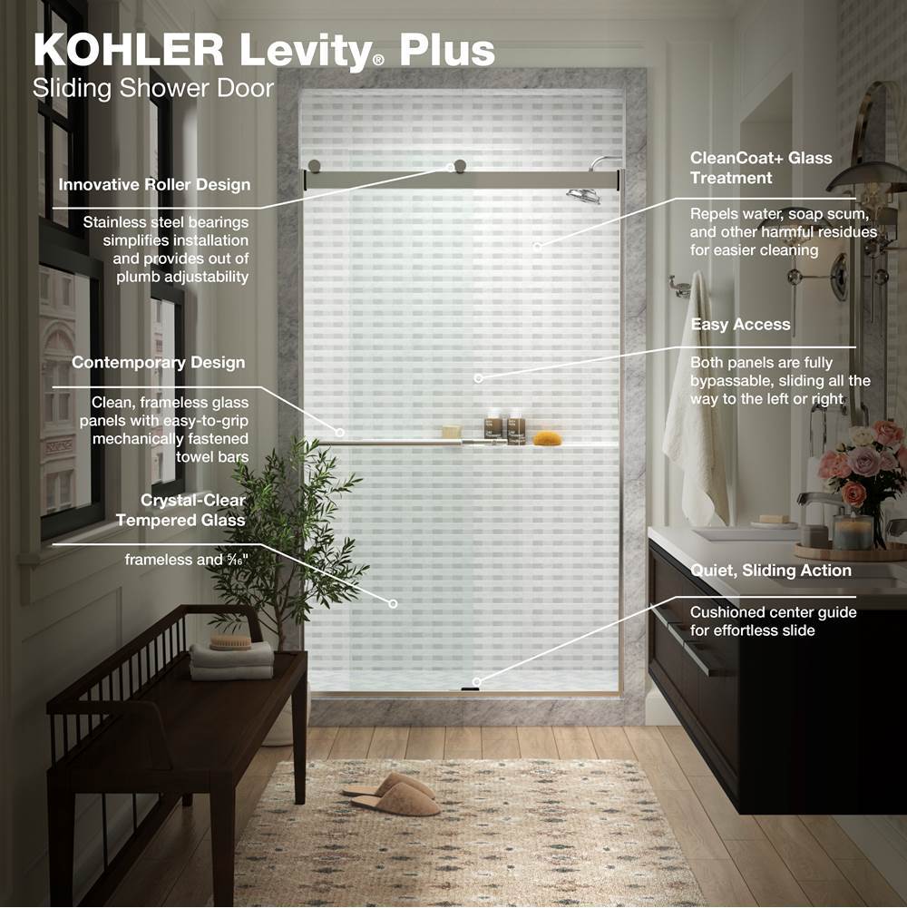 Levity Plus Frameless sliding shower door, 77-9/16'' H x 44-5/8 - 47-5/8'' W, with 5/16''-thick Crystal Clear glass