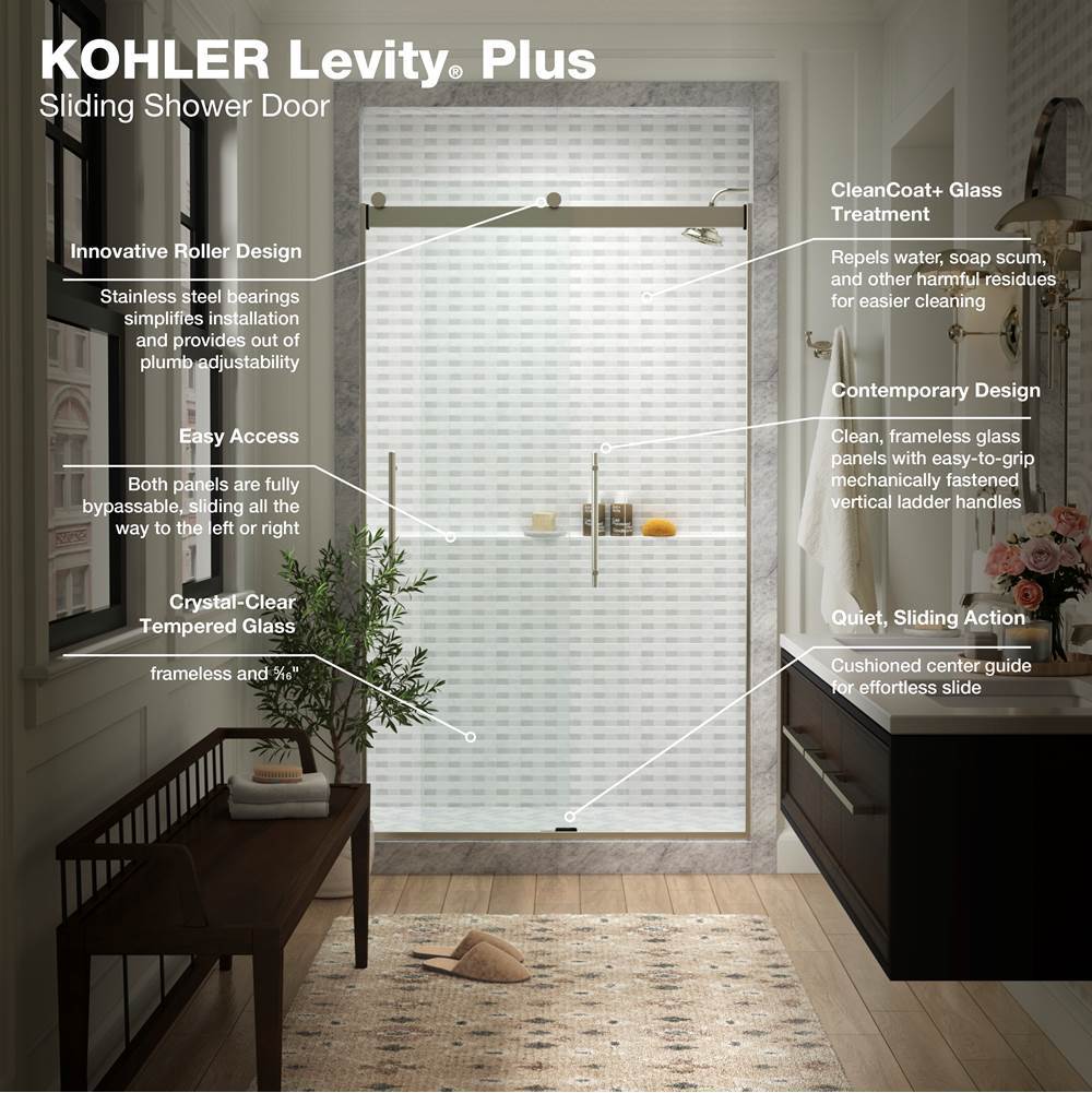 Levity Plus Frameless sliding shower door, 77-9/16'' H x 44-5/8 - 47-5/8'' W, with 5/16''-thick Crystal Clear glass