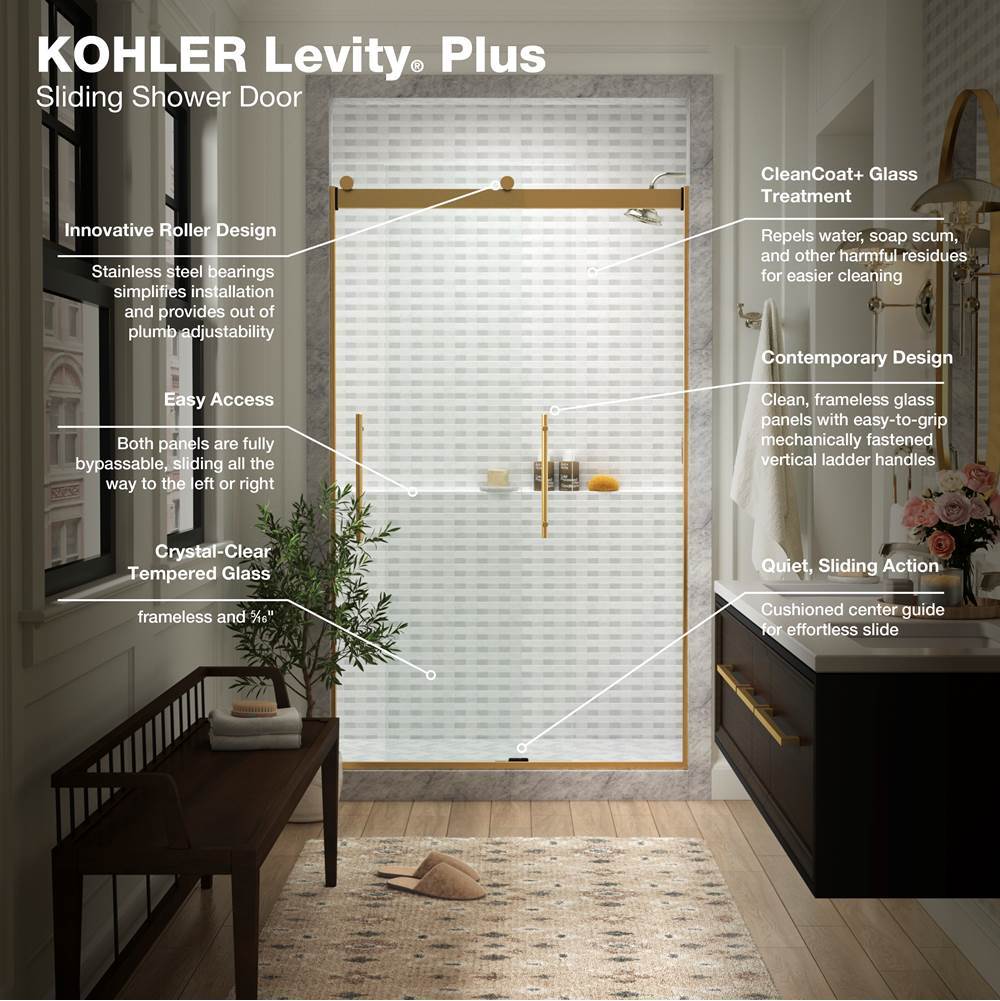 Levity Plus Frameless sliding shower door, 77-9/16'' H x 44-5/8 - 47-5/8'' W, with 5/16''-thick Crystal Clear glass