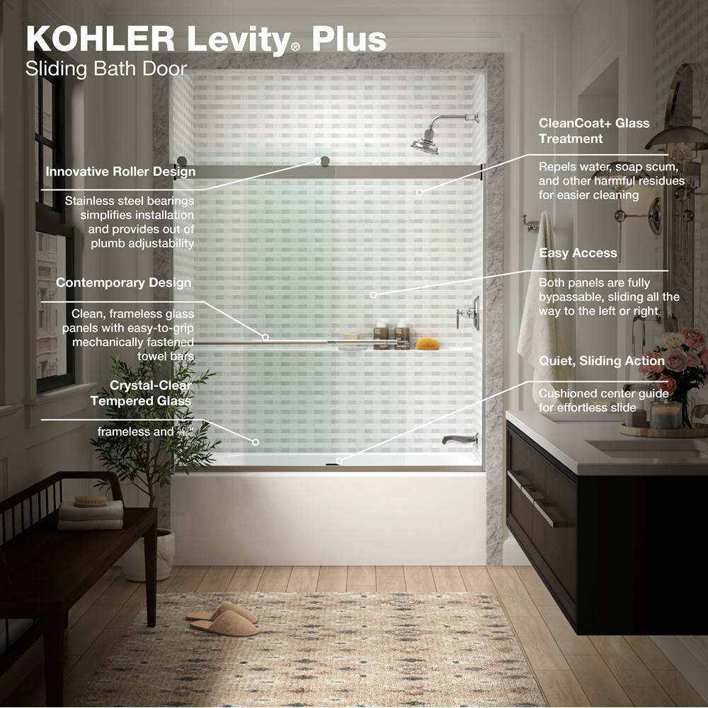 Levity Plus Frameless sliding bath door, 61-9/16'' H x 56-5/8 - 59-5/8'' W, with 5/16''-thick Crystal Clear glass