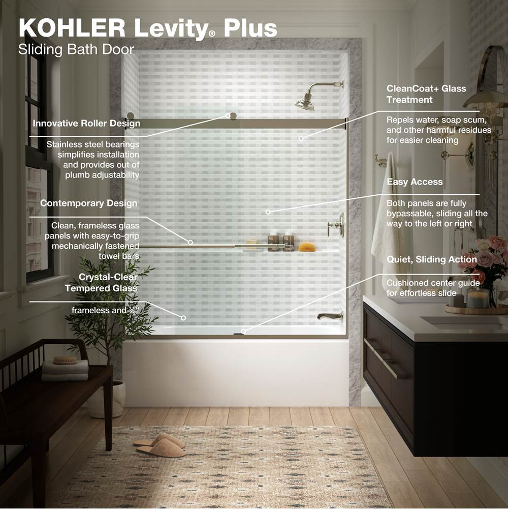 Levity Plus 61-9/16'' H sliding bath door with 3/8''-thick glass