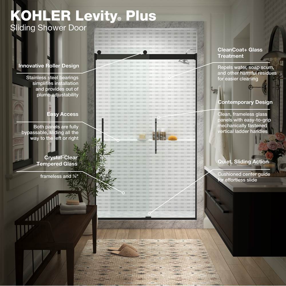 Levity Plus Frameless sliding shower door, 81-5/8'' H x 44-5/8 - 47-5/8'' W, with 3/8''-thick Crystal Clear glass