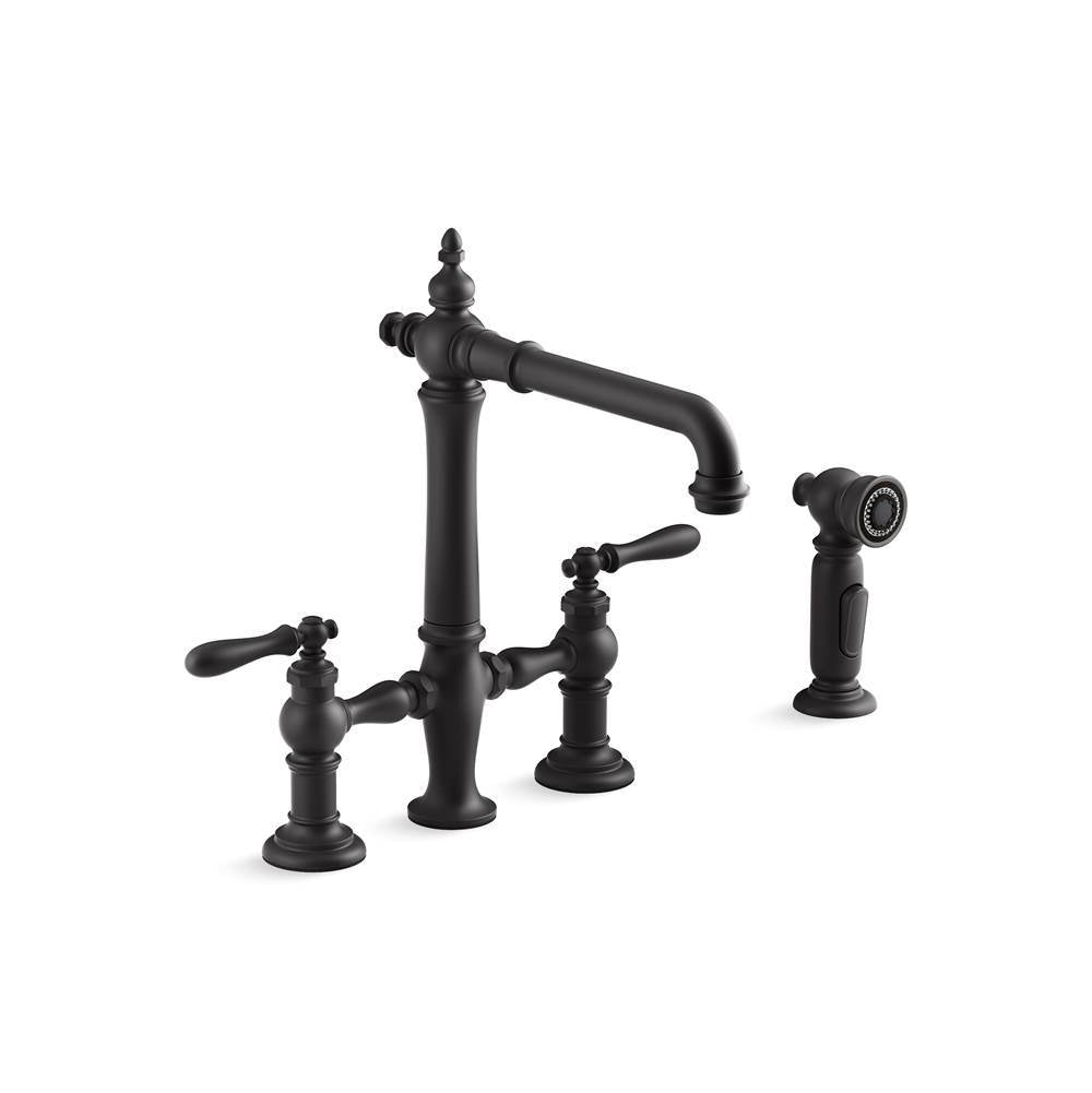 Kohler - Artifacts Two-hole bridge kitchen sink faucet with side sprayer - Matte Black