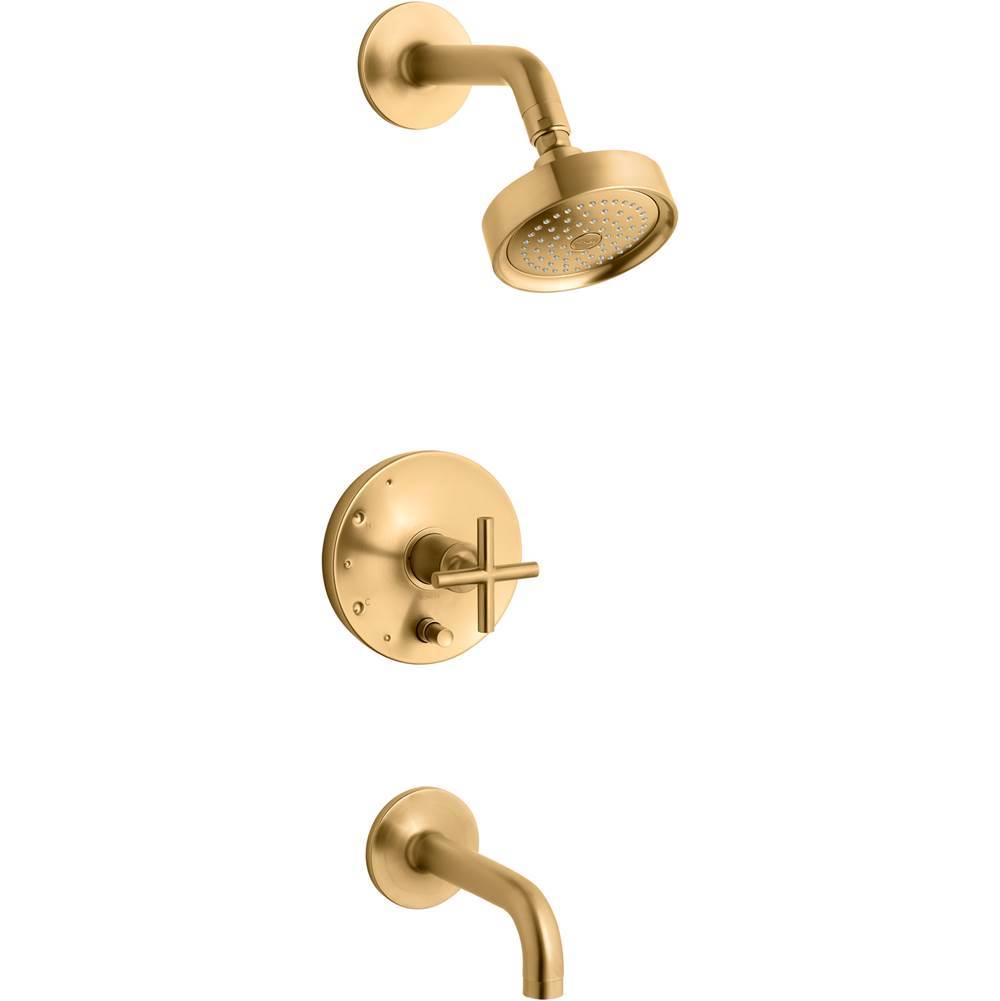 Kohler - Purist Rite-Temp bath and shower trim kit with push-button diverter and cross handle, 2.5 gpm - Vibrant Brushed Moderne Brass
