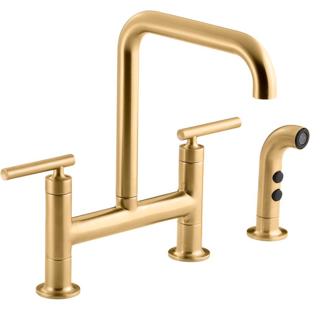 Kohler - Purist Two-hole bridge kitchen sink faucet with side sprayer - Vibrant Brushed Moderne Brass