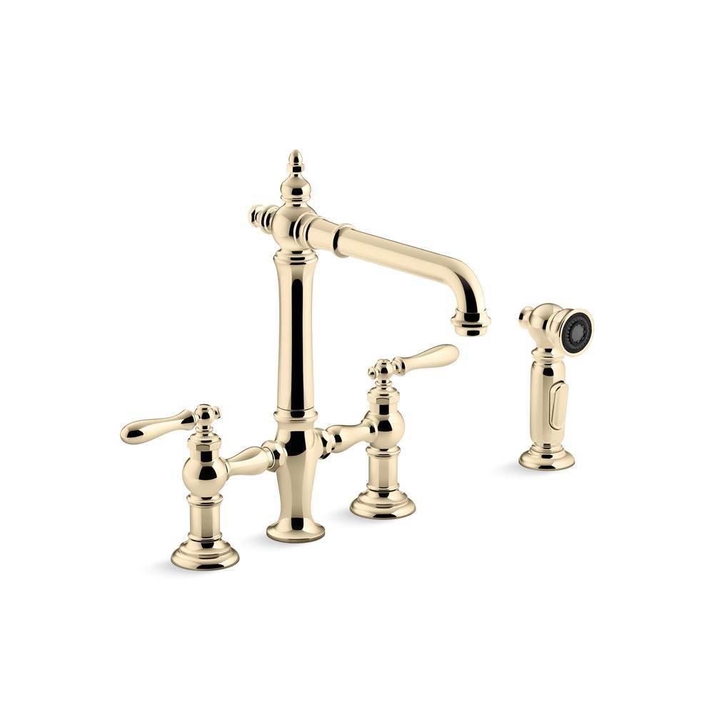 Kohler - Artifacts Two-hole bridge kitchen sink faucet with side sprayer - Vibrant French Gold