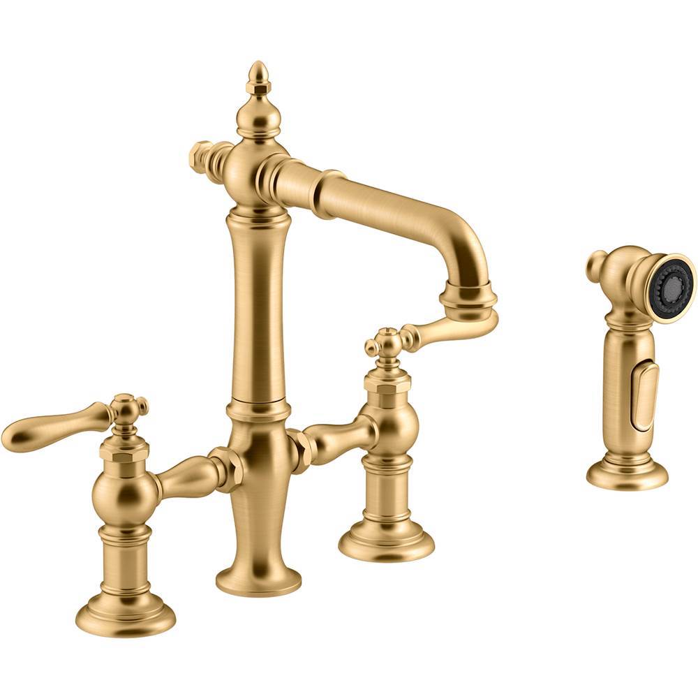 Kohler - Artifacts Two-hole bridge bar sink faucet with side sprayer - Vibrant Brushed Moderne Brass