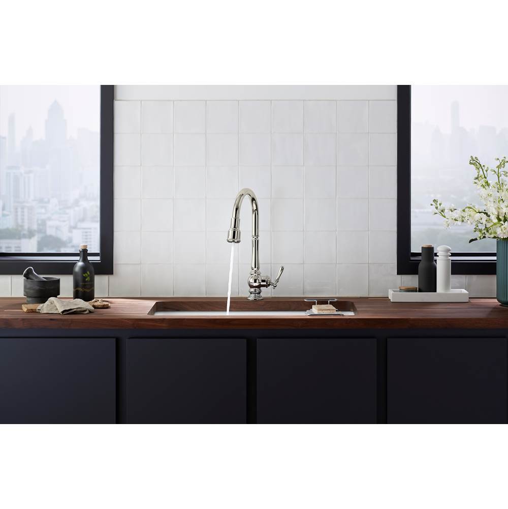 Artifacts Touchless pull-down kitchen sink faucet with three-function sprayhead