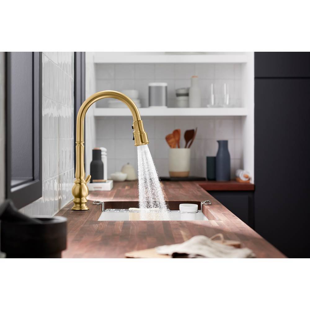 Artifacts Touchless pull-down kitchen sink faucet with three-function sprayhead
