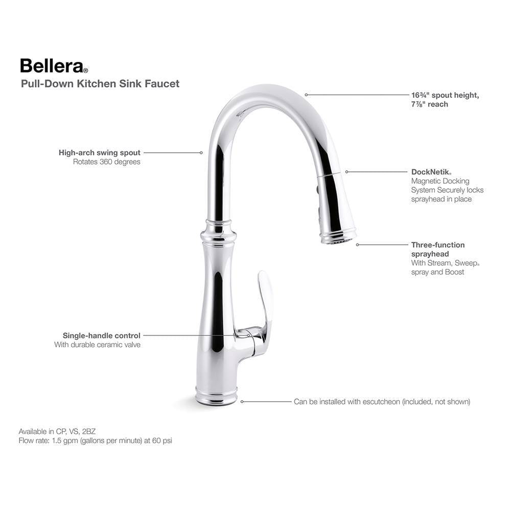 Bellera Pull-down kitchen sink faucet with three-function sprayhead