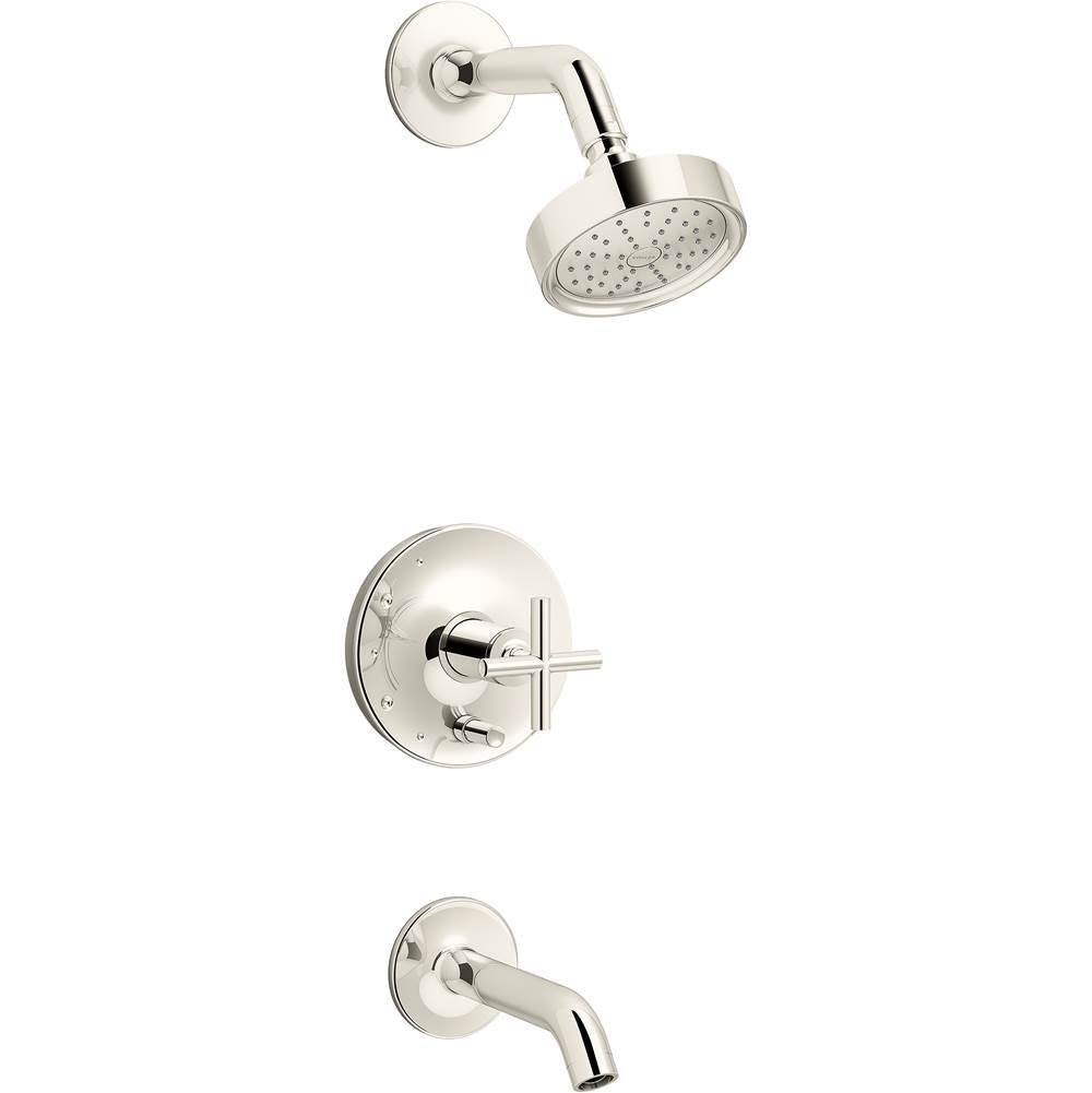 Kohler - Purist Rite-Temp bath and shower trim kit with push-button diverter and cross handle, 1.75 gpm - Vibrant Polished Nickel