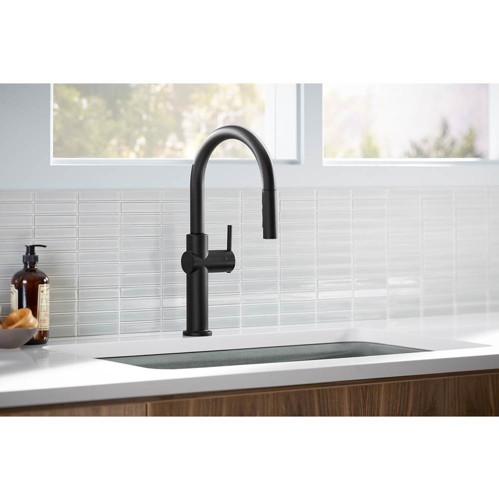 Crue Pull-down kitchen sink faucet with three-function sprayhead