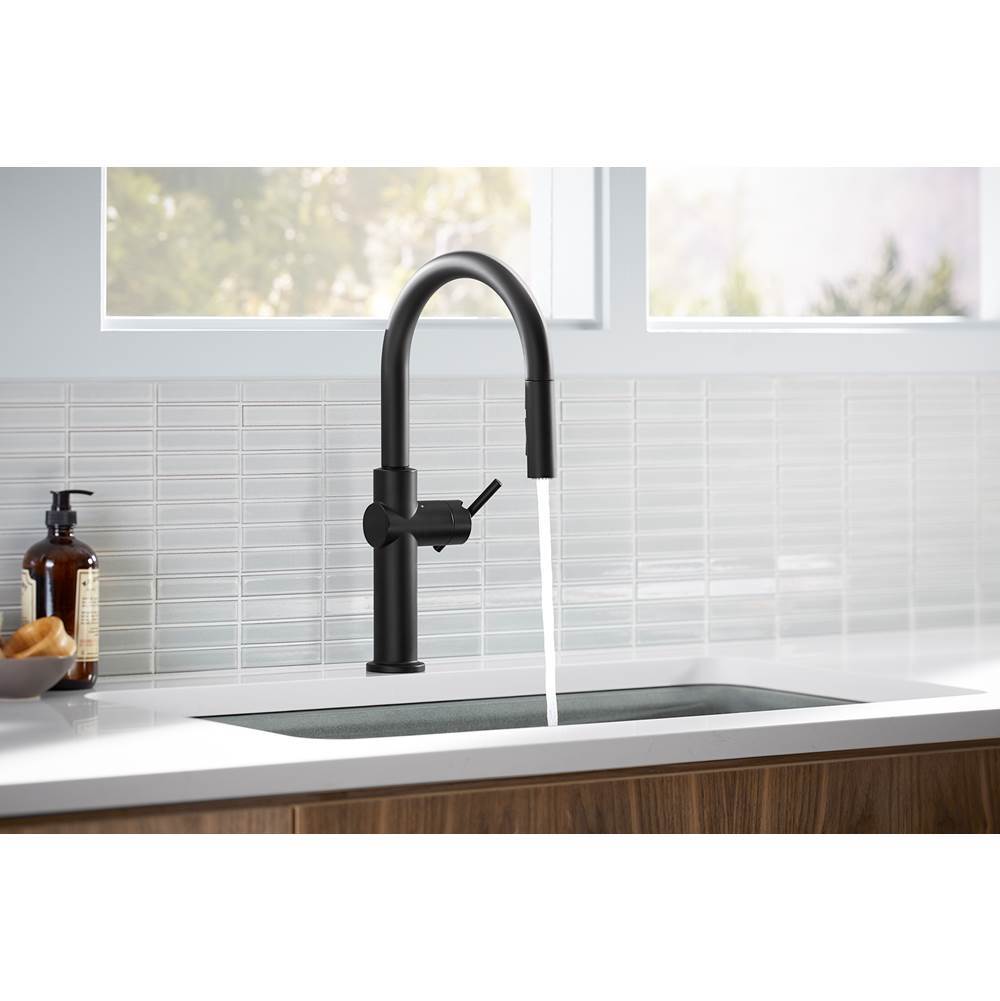 Crue Touchless pull-down kitchen sink faucet with three-function sprayhead