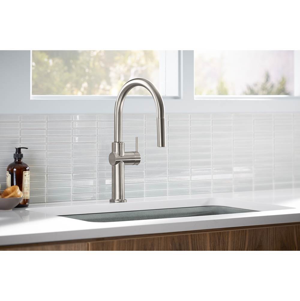 Crue Touchless pull-down kitchen sink faucet with three-function sprayhead