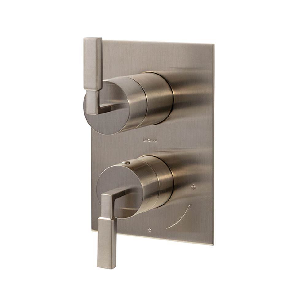 Lacava - Built-in progressive pressure balancing mixer with 3- way diverter, two stick lever handles and a retangular backplate. Water flow rate: 5.6 gpm at 45 psi. - Brushed Nickel