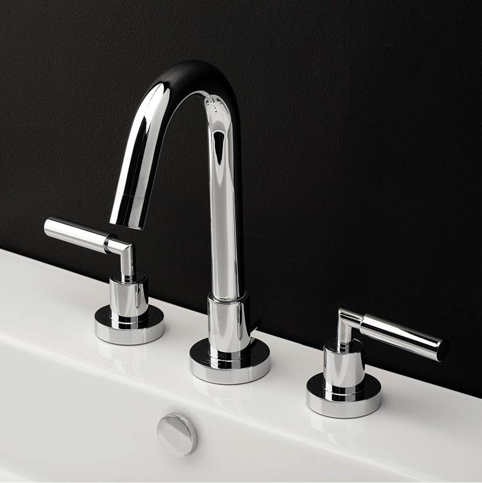 Lacava - Deck-mount three-hole faucet with a goose-neck swiveling spout, two lever handles, and a pop-up drain. - Polished Nickel