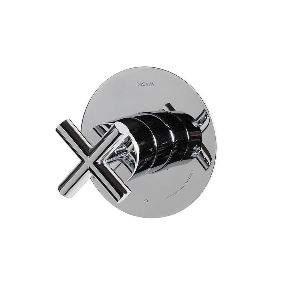 Lacava - Cigno trim - Built-in progressive pressure balancing mixer with a cross handle and round backplate. Water flow rate: 5.6 gpm at 43.5 psi. W: 5'', H: 5'' - Rough-in No. VPBP sold separately - Polished Nickel