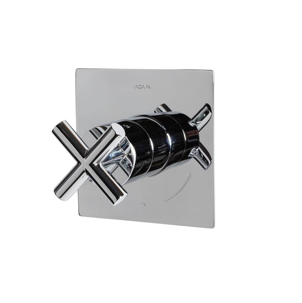 Lacava - Cigno trim - Built-in progressive pressure balancing mixer with a cross handle and squared backplate. Water flow rate: 5.6 gpm at 43.5 psi. W: 5'', H: 5'' - Rough-in No. VPBP sold separatey - Polished Nickel
