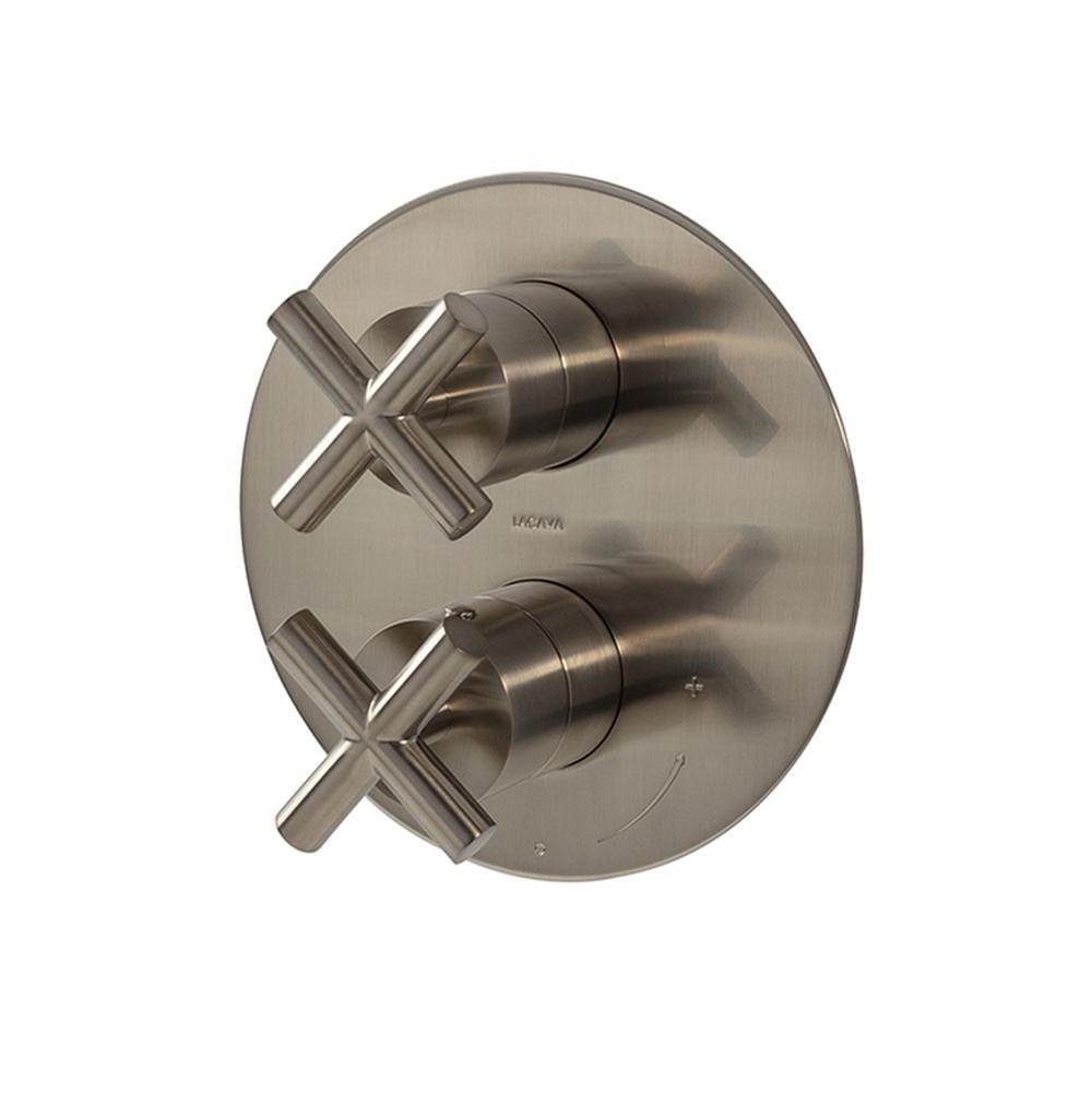 Lacava - Built-in progressive pressure balancing mixer with 2-way diverter, two cross handles and a rounded backplate. Water flow rate: 4.2 gpm at 43.5 psi. Rough-in No. VPBP2. DIAM: 7-1/4'' - Polished Nickel
