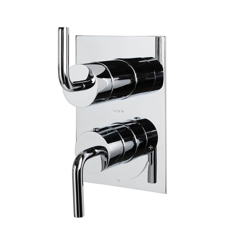 Lacava - Built-in progressive pressure balancing mixer with 3- way diverter, two curved lever handles and a retangular backplate. Water flow rate: 5.6 gpm at 45 psi. - Polished Nickel