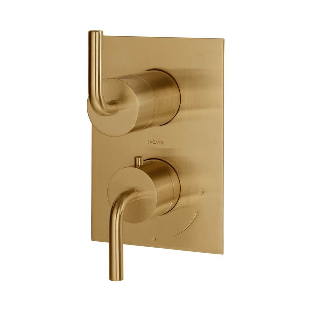 Lacava - TRIM ONLY - Thermostat w 3-way shared diverter + OFF, flow rate 6.1 GPM (43.5 PSI)curved lever handles, square back plate - Brushed Gold