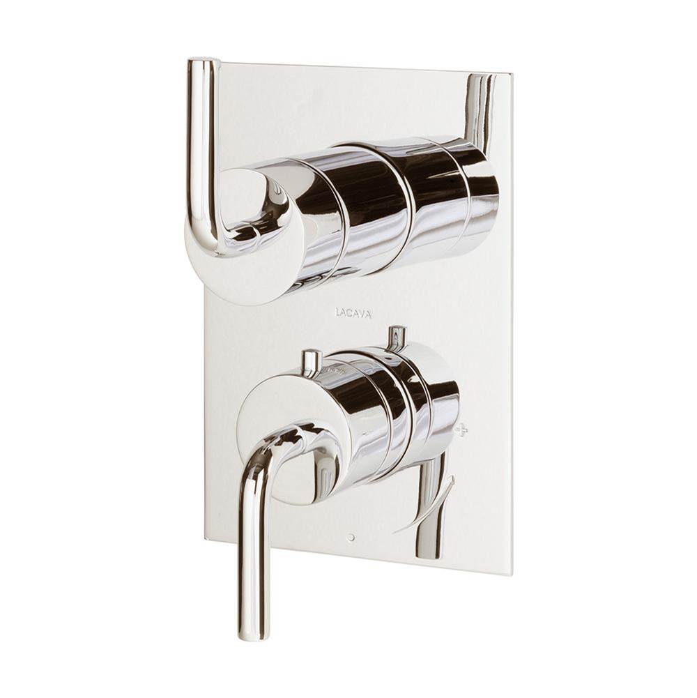 Lacava - TRIM ONLY - Thermostat w 2-way shared diverter + OFF, GPM 6.1 (43.5PSI) curved lever handls on round knob, square back plate - Polished Nickel