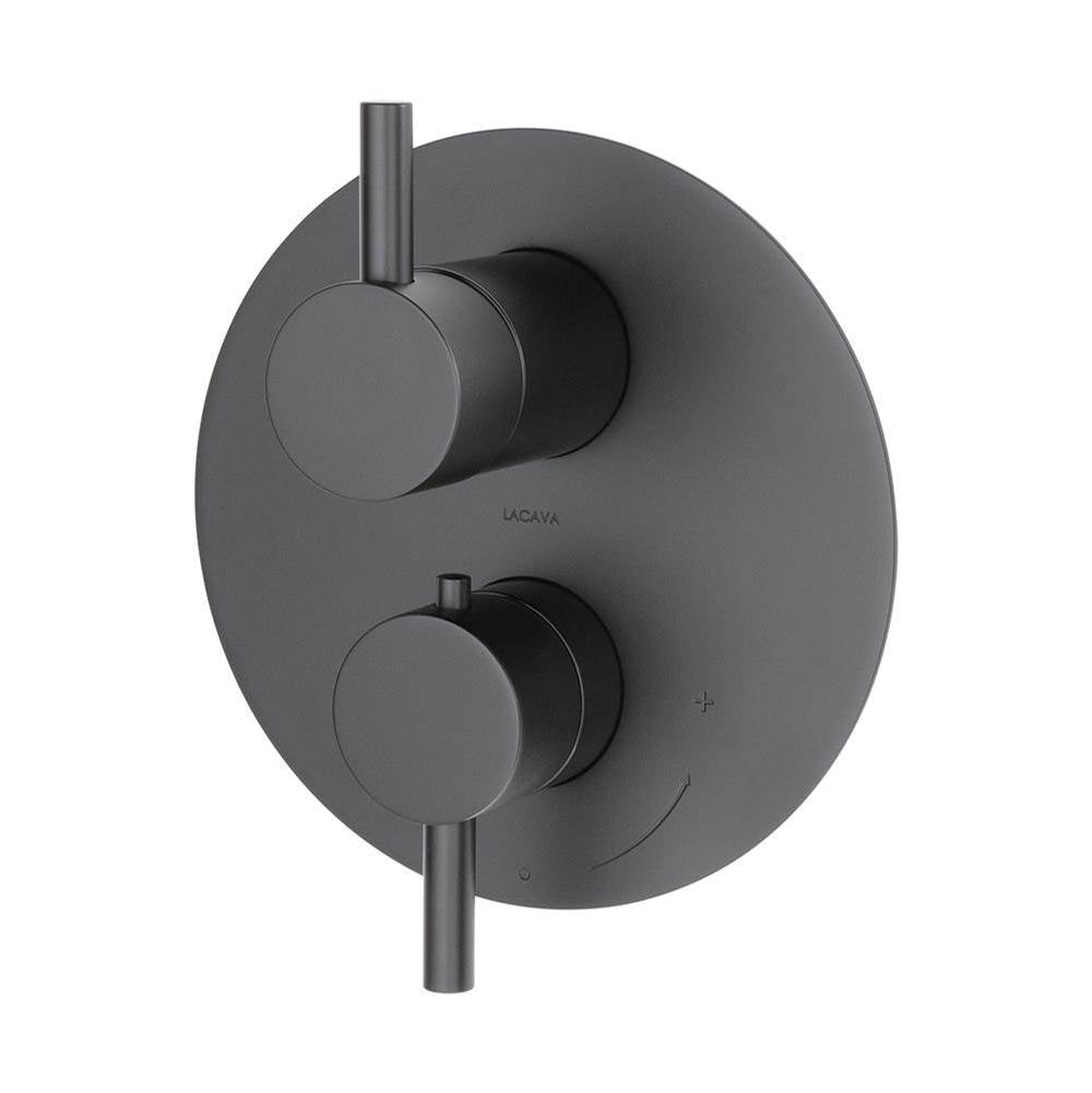 Lacava - TRIM ONLY - Thermostatic Valve w/ 3 way shared diverter + OFF, GPM 8 (60PSI) with round back plate and 2 stacked round lever handles - Matte Black