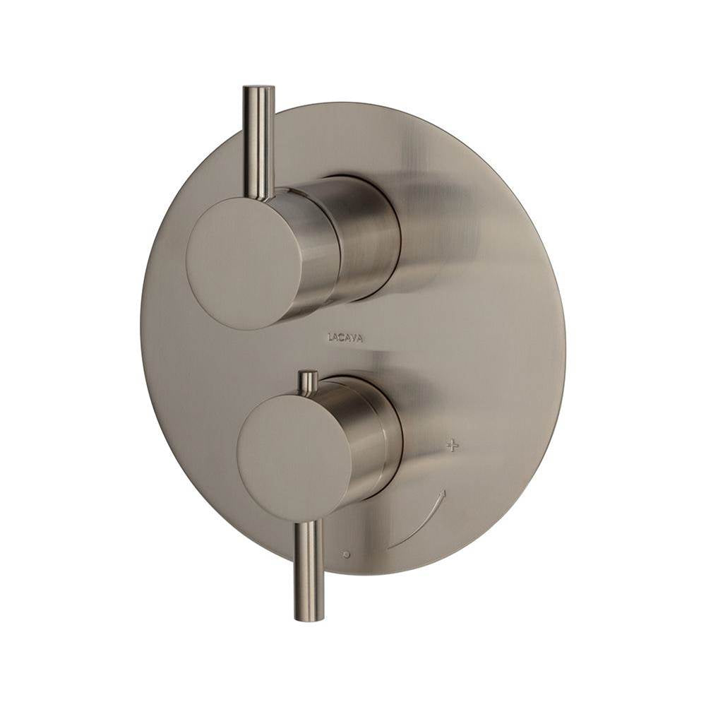 Lacava - TRIM ONLY - Thermostatic Valve w/ 3 way shared diverter + OFF, GPM 8 (60PSI) with round back plate and 2 stacked round lever handles - Brushed Nickel