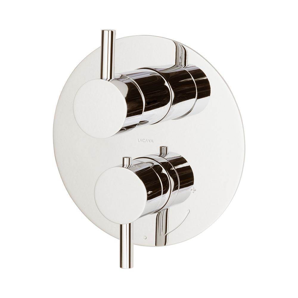 Lacava - TRIM ONLY - Thermostatic Valve w/ 3 way shared diverter + OFF, GPM 8 (60PSI) with round back plate and 2 stacked round lever handles - Polished Nickel